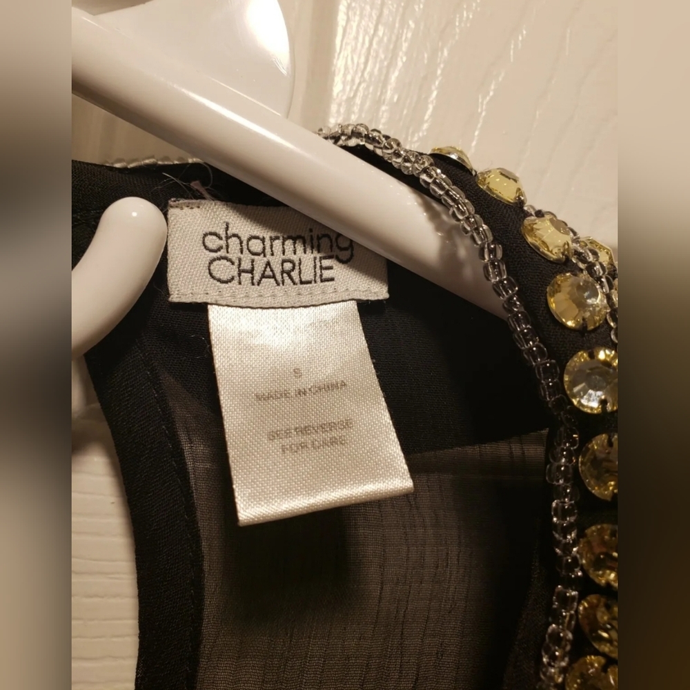 ❤️ CHARMING CHARLIE WOMEN'S SHEER BLACK BLOUSE WITH RHINESTONE COLLAR SIZE SMALL - Picture 6 of 12